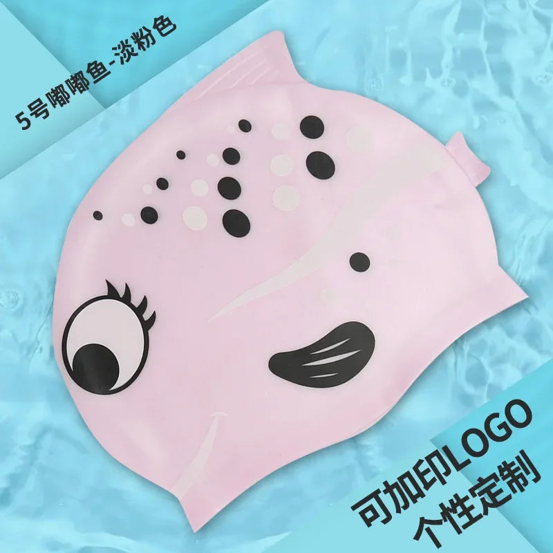 Children's Swimming Caps Waterproof Cartoon Swimming Cap for Boys and Girls Universal Cartoon Fish Shaped Soft Silicone Swim Cap