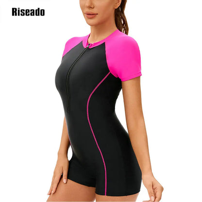 Womens Athletic Swimwear Short Sleeve Zip Front One Piece Swimsuit Full Body Modest with Boyshorts