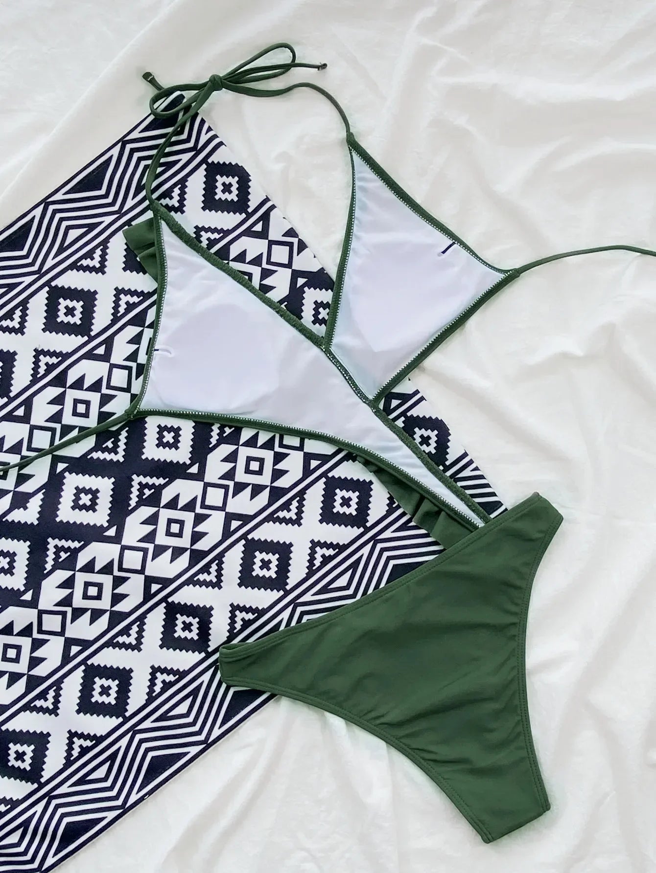 One Piece Swimsuit Swimwear Women Solid Ruffled V-neck Halter Backless Army Green Bathing Suit Beachwear