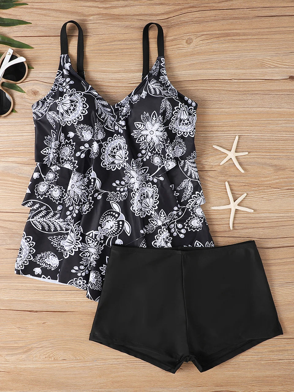 2 Pieces Patchwork Tankini Swimwear With Shorts Women Shoulder Strap Swimsuit Sport Beachwear Summer Female Swimming Suit