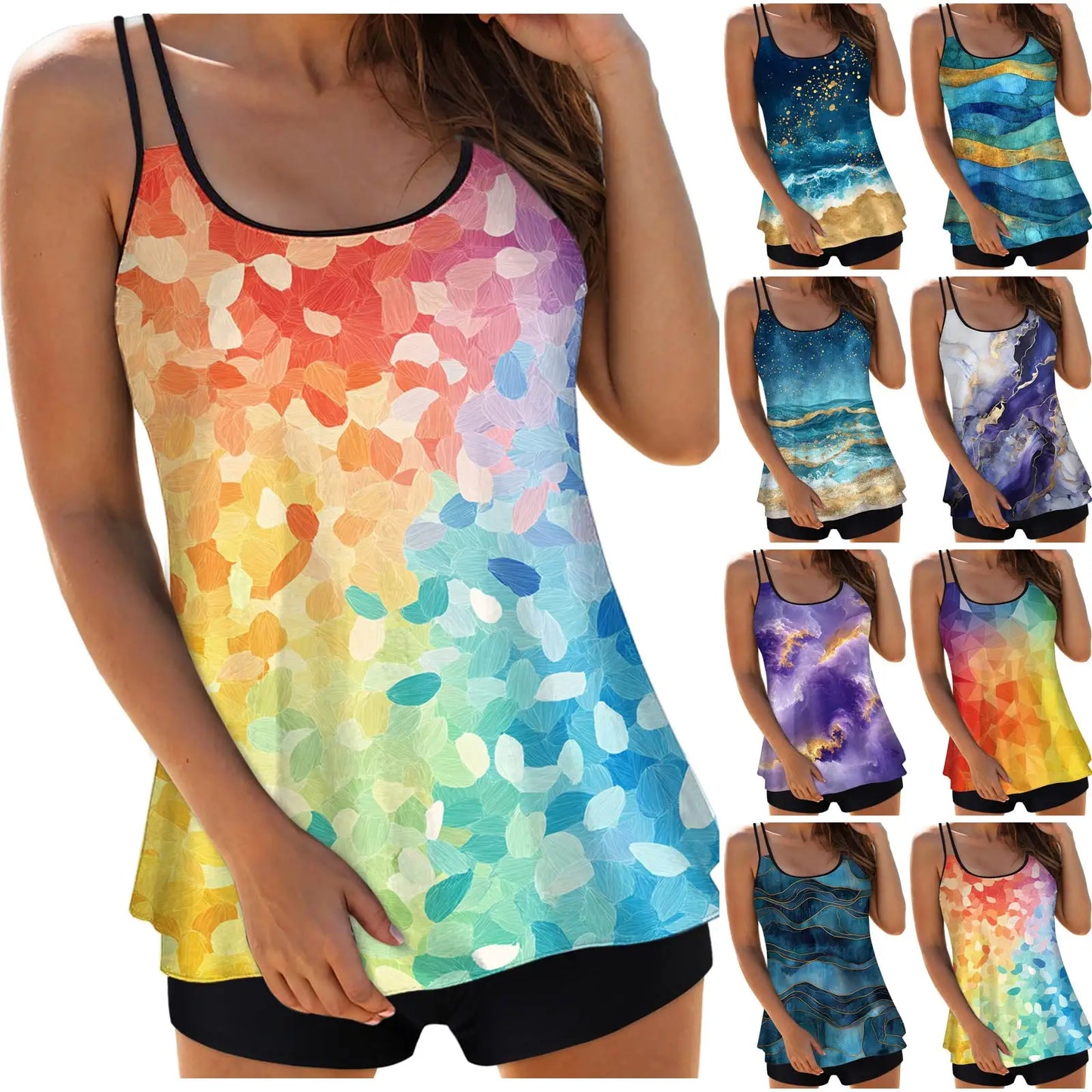 Women's Abstract Print Tankini Swimsuits Double Stretch Strap Crew Neck Cover Tummy Tops and Solid Shorts Conservative Swimwear