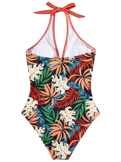 Halter Swimsuit Women One Piece Printed Cross Smocked Swimwear Female Bodysuit Bathing Swimming Suit Padded Beachwear