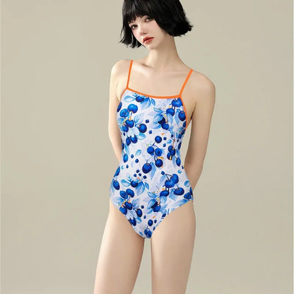 Women's Athletic One-piece Swimsuit Korean Version of the Nylon Fruit Print Slim and Thin Strap Halter Spa Swimwear Bathers Pool Squad