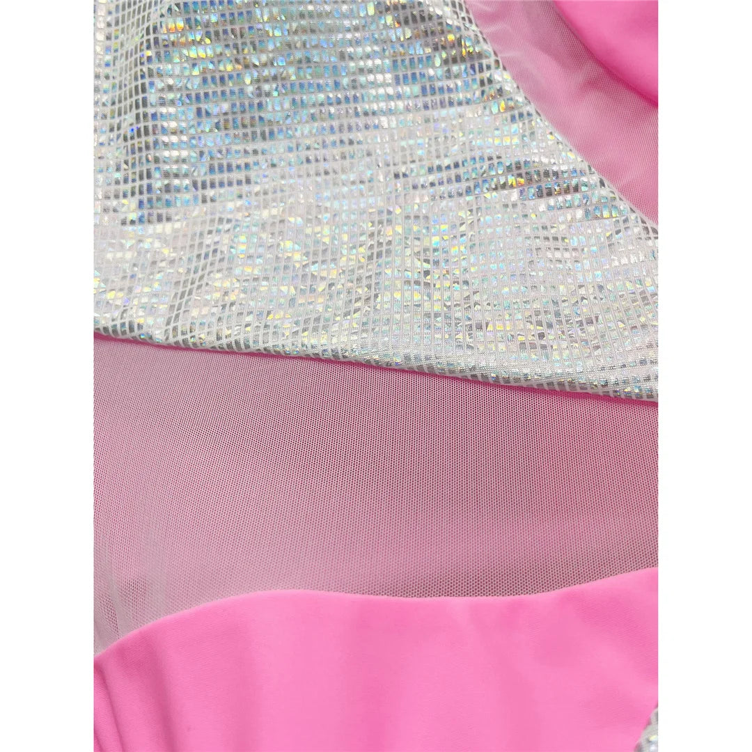 Splicing One Shoulder Shiny Sequins One Piece Swimsuit Women Swimwear Female Mesh Sheer High Cut Bather Bathing Suit Swim