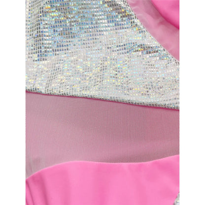Splicing One Shoulder Shiny Sequins One Piece Swimsuit Women Swimwear Female Mesh Sheer High Cut Bather Bathing Suit Swim