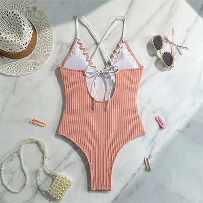 5 Colors V Neck Ribbed Cross Back One Piece Swimsuit Women Swimwear Female High Leg Cut Monokini  Bather Bathing Suit Swim