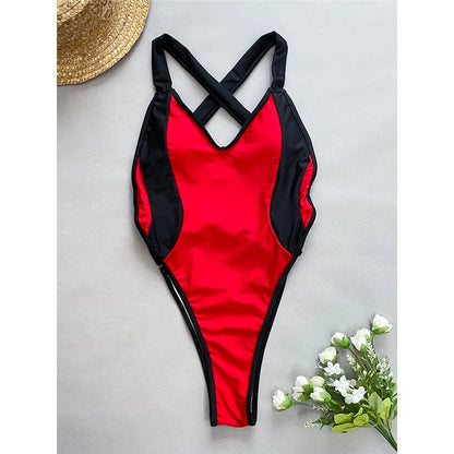 Splicing V Neck Cross Back Women Swimwear One Piece Swimsuit Female High Leg Cut Monokini Bather Bathing Suit Swim