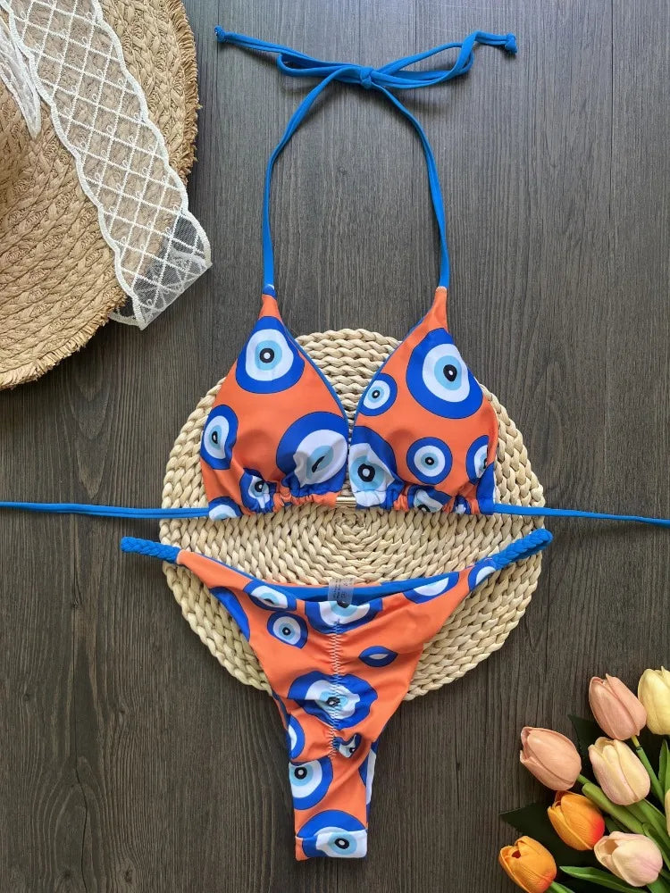 Bikini Set Women Swimsuit Printed Halter Lace Up Two-Piece Swimwear Backless Bathing Summer Fashion Female Beachwear