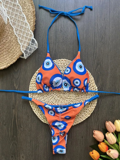 Bikini Set Women Swimsuit Printed Halter Lace Up Two-Piece Swimwear Backless Bathing Summer Fashion Female Beachwear