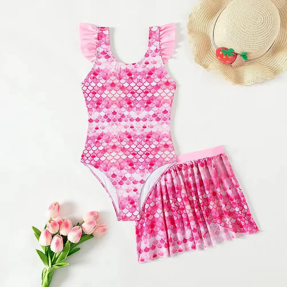 Girls One Piece Swimsuit with Beach Skirt pink mermaid Print Girls Summer Swimwear Kids Bathing Suits