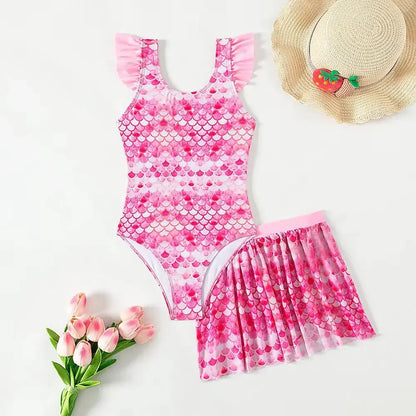 Girls One Piece Swimsuit with Beach Skirt pink mermaid Print Girls Summer Swimwear Kids Bathing Suits