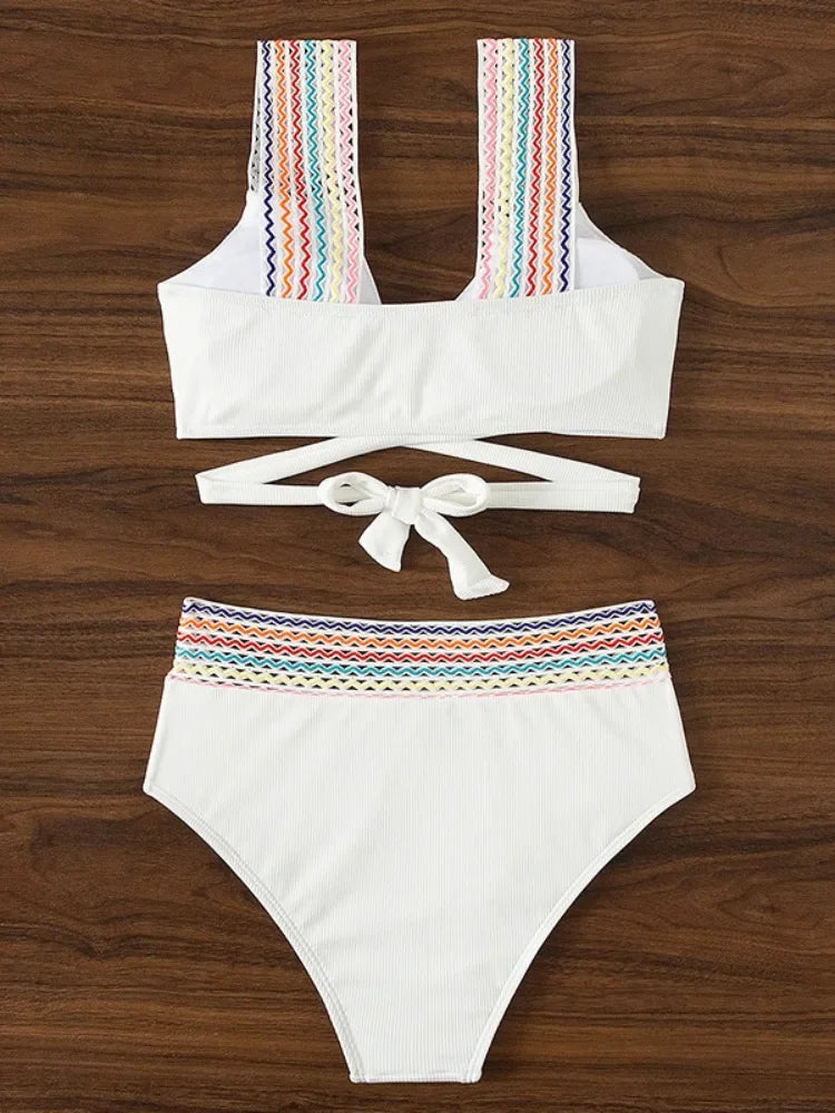 Cross Wrap Ribbed Bikinis Women Swimwear Female Swimsuit Two Piece White High Waist Bikini Set Bather Bathing Suit