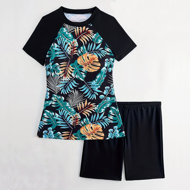 2 Piece Women Tropical Vacay Tankini Set Swimwear, High-Stretch Fabric Short Sleeve Top & High Waist Boxer Shorts Swimsuits