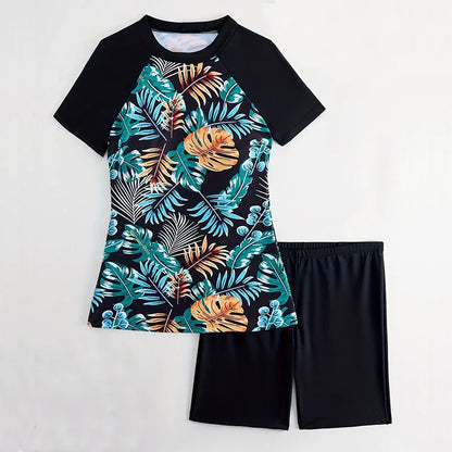 2 Piece Women Tropical Vacay Tankini Set Swimwear, High-Stretch Fabric Short Sleeve Top & High Waist Boxer Shorts Swimsuits