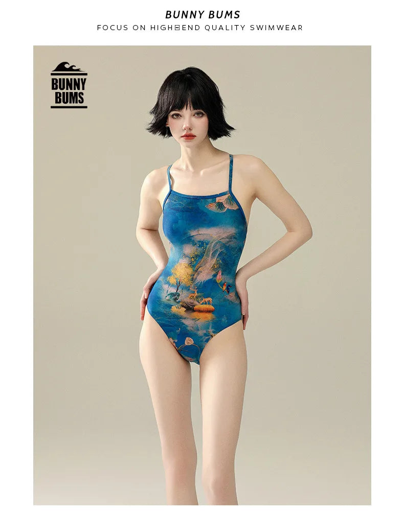 Bunny Bums Blue Flower Women Racing Swimsuit Training Special One-piece Swimsuit