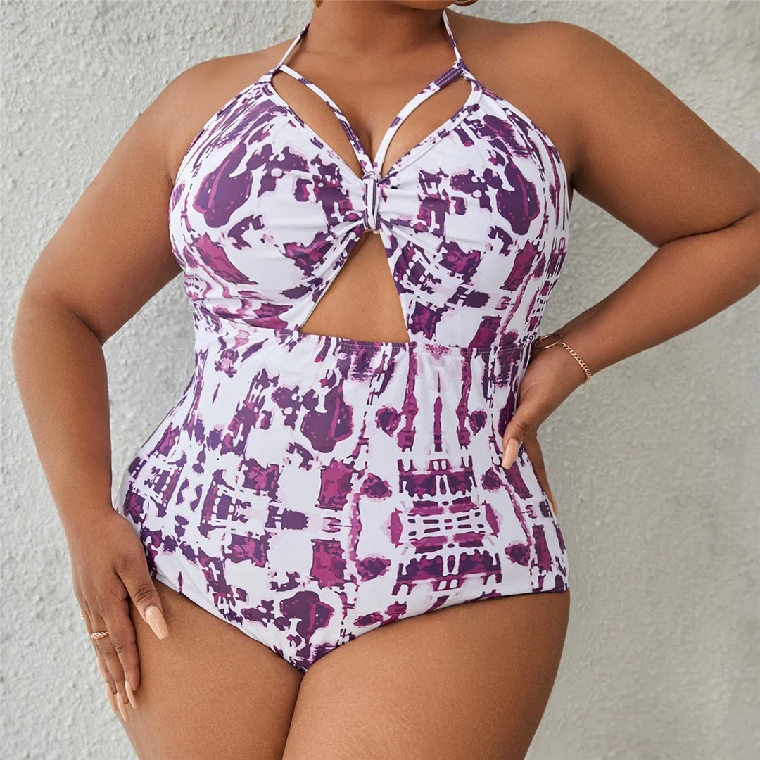0XL - 4XL Printed Cut Out Halter Large Size Swimwear Plus Size One Piece Swimsuit Female Women Bather Bathing Suit Swim