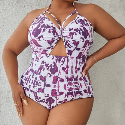 0XL - 4XL Printed Cut Out Halter Large Size Swimwear Plus Size One Piece Swimsuit Female Women Bather Bathing Suit Swim