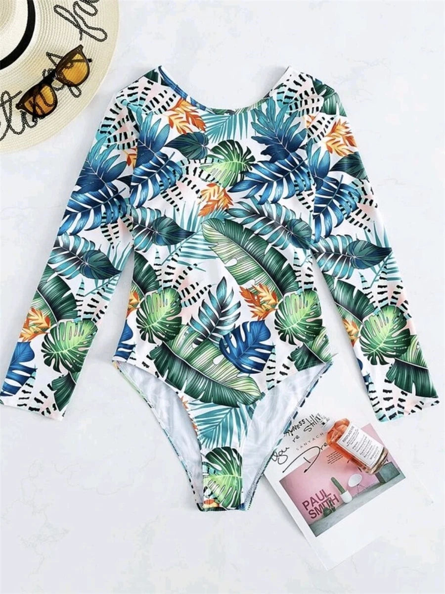 Women's Printed Long-Sleeve Criss-Cross Back One-Piece Swimsuit