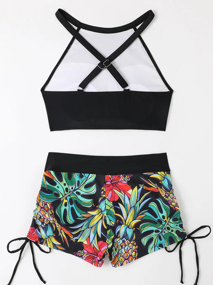 Print High Waist Swimsuit Women High Neck Bikini Drawstring Swimwear Female Bathers Bathing Swimming Swim Suit Beachwear