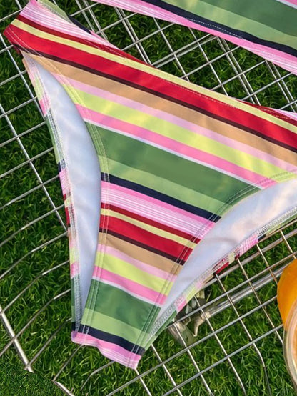 Green Pink Striped Bikini Set Women Colorful Push Up Bra Thong Swimsuit Beach Bathing Suit Holiday Two Piece Swimwear