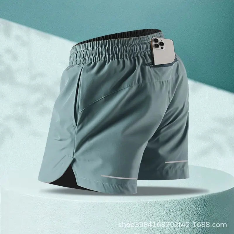 Mens Ice Silk Running Shorts Quick Dry Marathon Three Quarter Length With Phone Pocket Summer Professional Sports Shorts