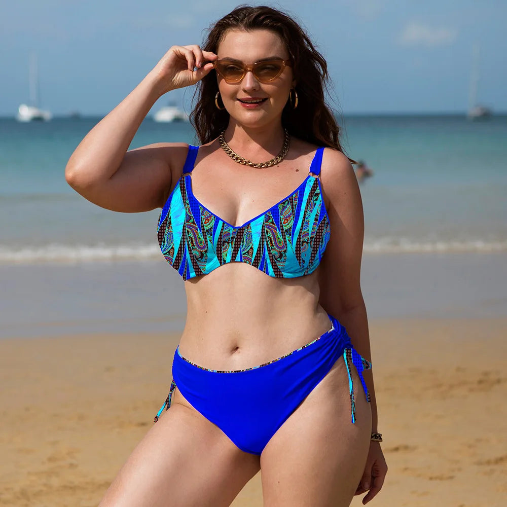 Strapped 2 Piece Plus Size Bikini Women Push UP High Waist Large Swimsuit Backless Bathing Suit