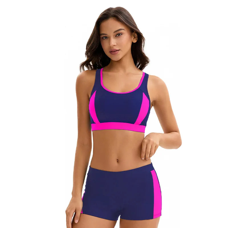 Two Piece Bikinis Swimsuits for Women Tummy Control Bathing Suit with Shorts Athletic Swimwear  Block Color Swimming Wear