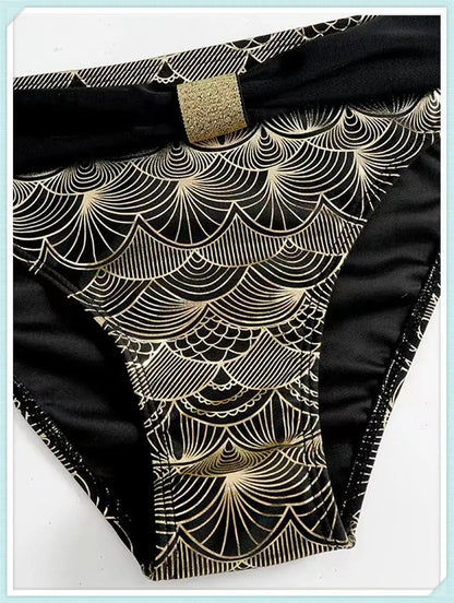 Metallic Stitch Strap Bikini  Women Push Up Gold print Swimsuit Female High Waist Swimwear Bathers Bathing Suit Beachwear