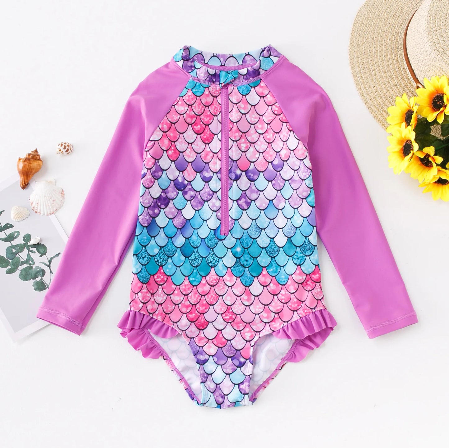 Girls Swimsuit Long Sleeves One Piece Swimwear for Kids Toddler Leopard UPF50+ Rash Guards Infant Bathing Suit