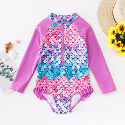 Girls Swimsuit Long Sleeves One Piece Swimwear for Kids Toddler Leopard UPF50+ Rash Guards Infant Bathing Suit