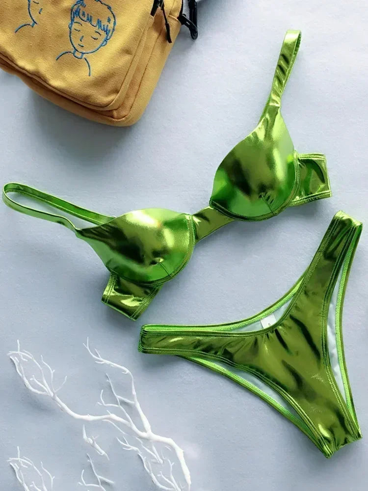 Shiny PU Faux Leather Bikini Push Up Swimsuit Women Swimwear Female Two-pieces Bikini set Bra Cup Bather Bathing Suit Swim
