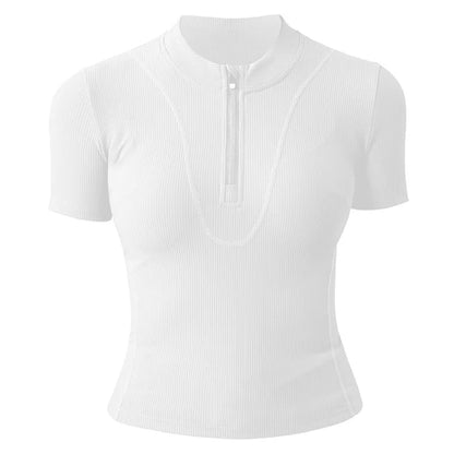 Aiithuug Women Slim Fit Gym Shirts Half Zip Workout Tops Quarter Zip Fitness Shirt Running Quicky Dry Short Sleeve Yoga Tops