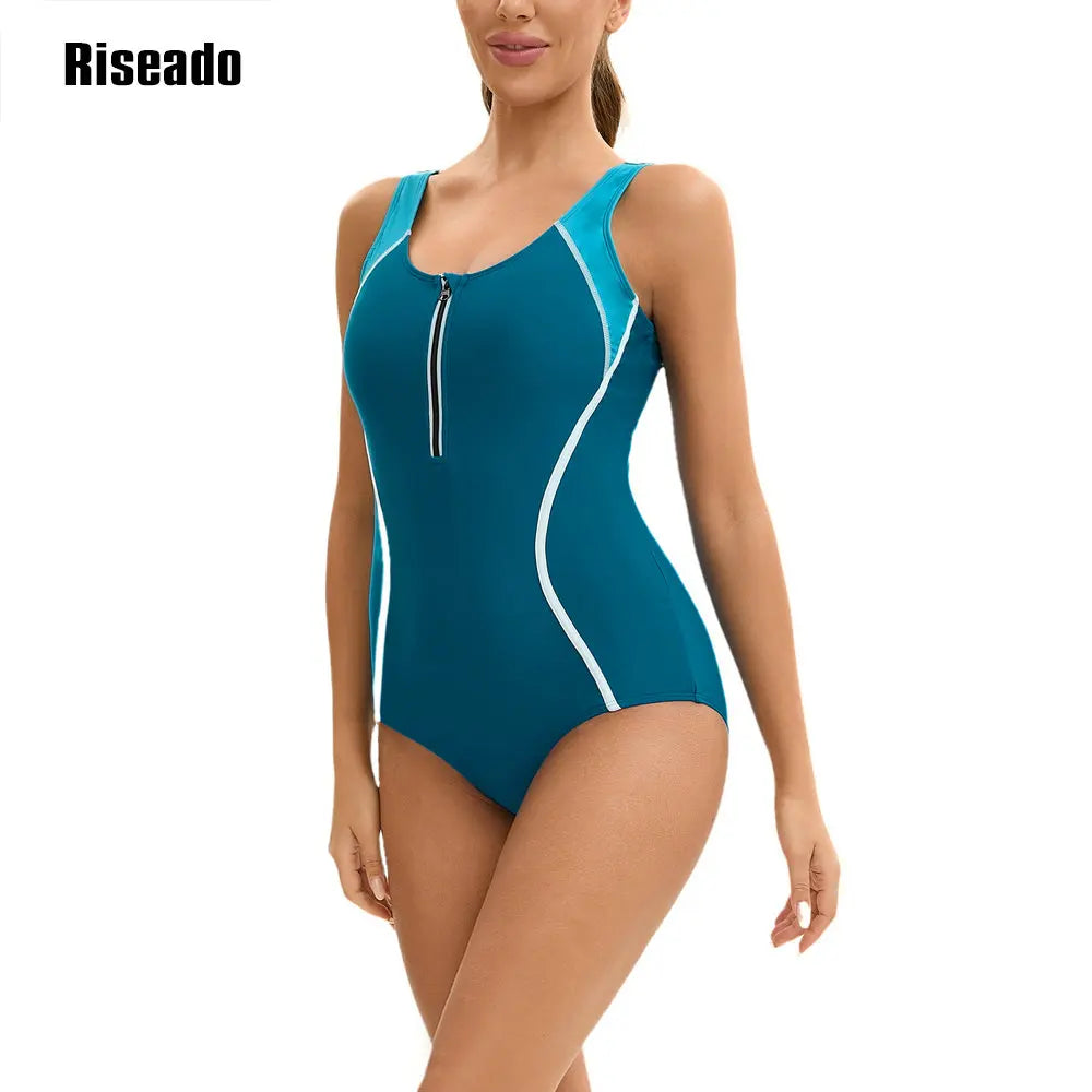 Women's One Piece Korean Swimsuit Sleeveless Conservative Bathing Suit Color Block Monokini for Girls