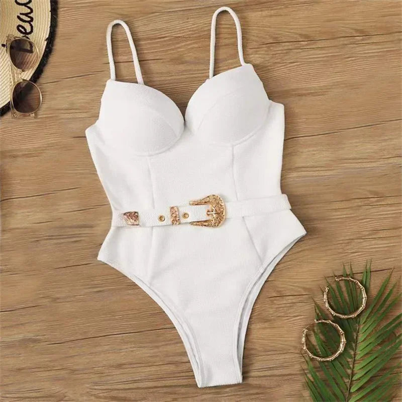 Push Up Underwire Swimwear Women Solid White Black Padded Buckle One Piece Swimsuit Beach Bathing Suit Bodysuit Monokini