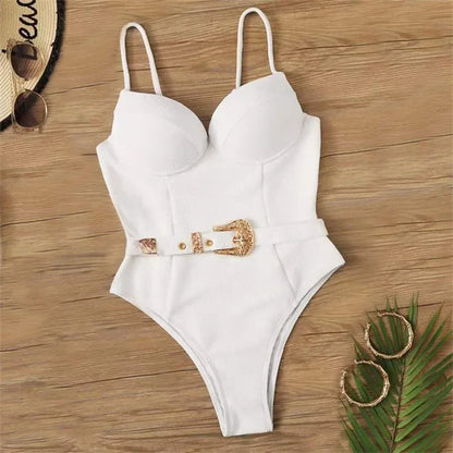 Push Up Underwire Swimwear Women Solid White Black Padded Buckle One Piece Swimsuit Beach Bathing Suit Bodysuit Monokini