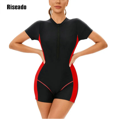 Short Sleeve Rash Guard Women Boyleg Sport One Piece Swimsuit Short Sleeve Athletic Swimwear Adult Bathing Suit for Training-Pool