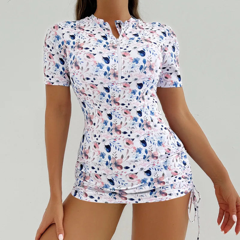 Floral Women Swimsuits Sun Protection Female Short Sleeves Swimwear Surfing Sports Pool Beachwear Two-Piece Bathing Suits