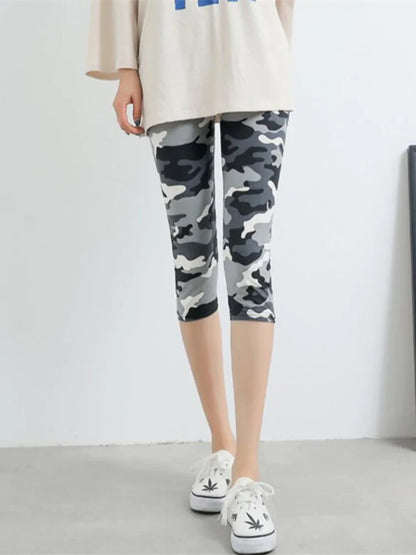 Workout Leggings Print Capris Women Push Up High Waist Pants Sportswear Short Trousers Black Fitness Legging