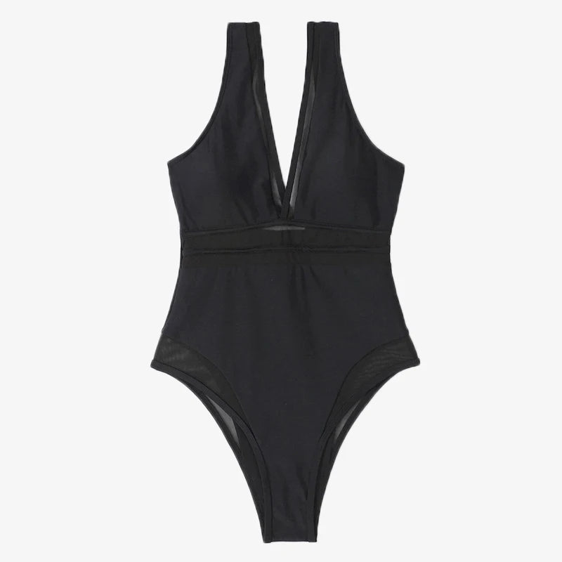 Mesh V Swimsuit One Piece Swimwear Women Black Bathing Suits Plunging Monokini Summer Beachwear