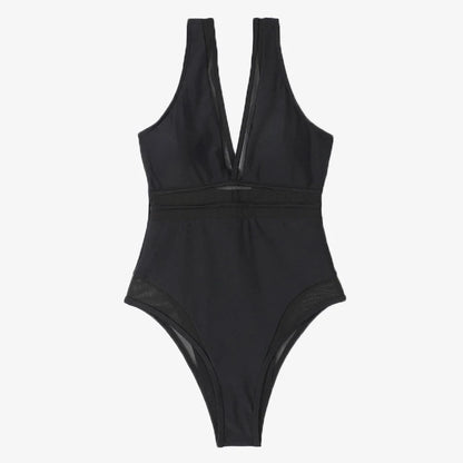 Mesh V Swimsuit One Piece Swimwear Women Black Bathing Suits Plunging Monokini Summer Beachwear