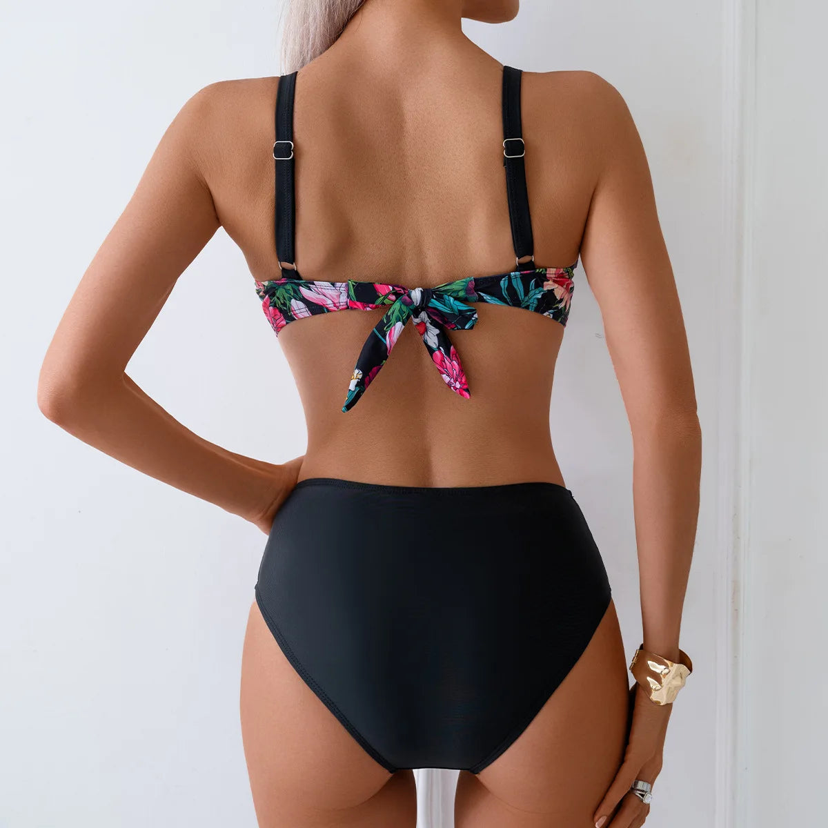 Vintage Floral High Waist Bikini Set with V-Neck Padded Top