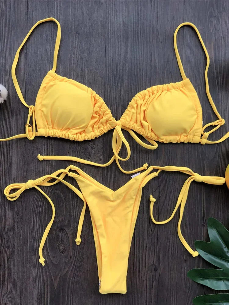 Ruffle Frilled Micro Thong Bikini Women Swimwear Female Swimsuit Two-pieces Bikini set String Bather Bathing Suit Swim