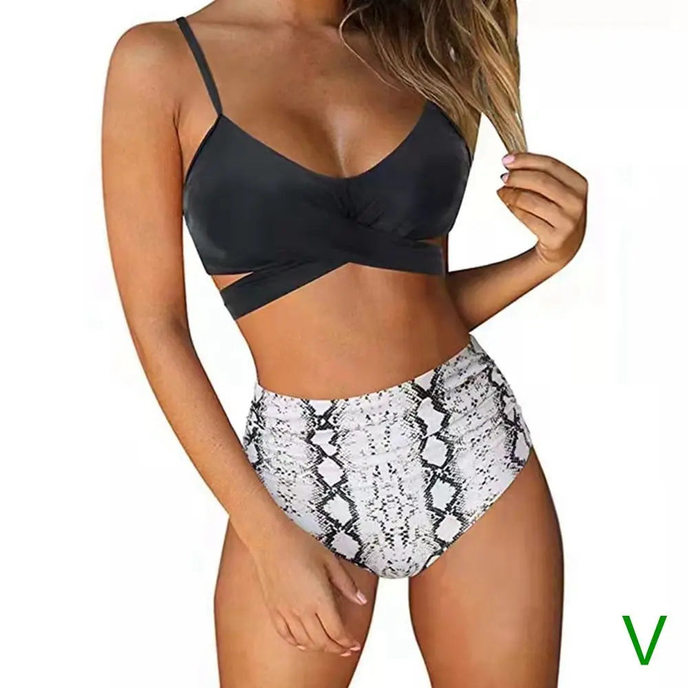 Bikini Two Piece Suit Cross Front Slim High Waisted Bottom Solid/Print Breathable Quick Drying Beachwear
