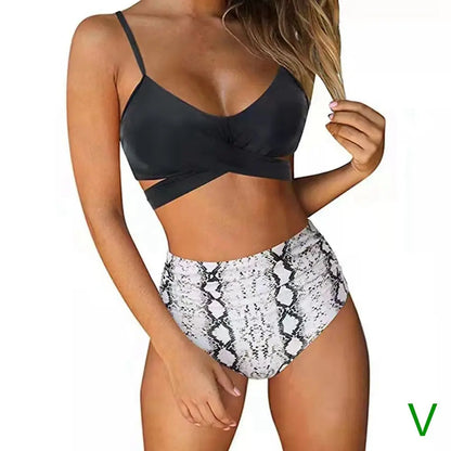 Bikini Two Piece Suit Cross Front Slim High Waisted Bottom Solid/Print Breathable Quick Drying Beachwear