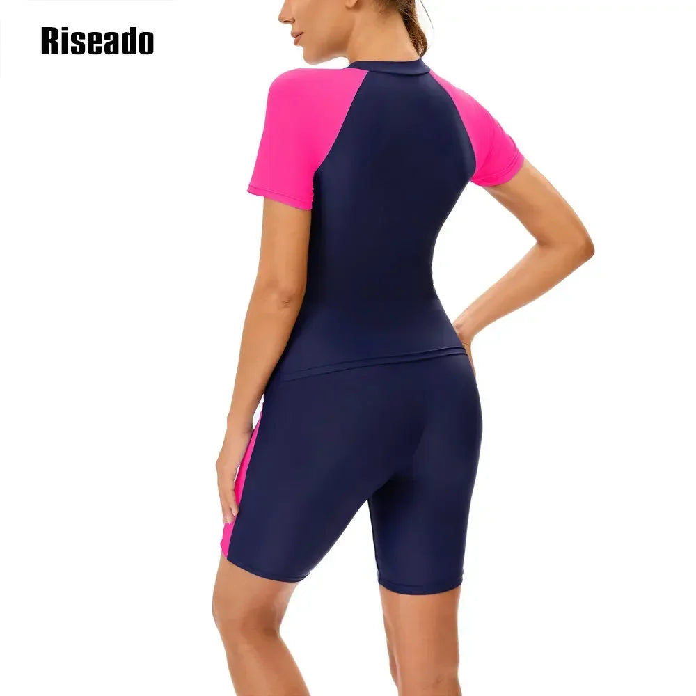 Women's Rash Guard 2 Piece Short Sleeve Swim Shirt with Shorts Swimsuit Two pcs Swimwear