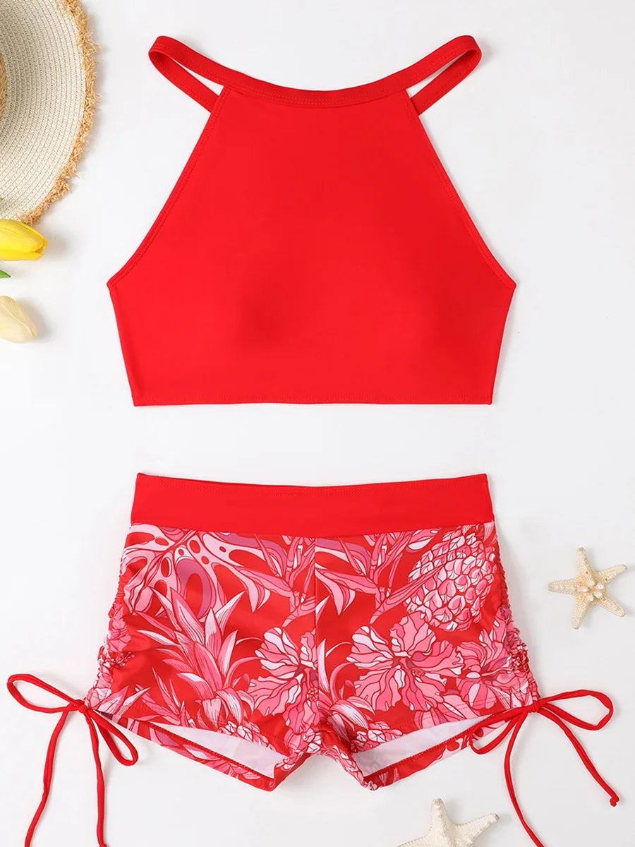 Print High Waist Swimsuit Women High Neck Bikini Drawstring Swimwear Female Bathers Bathing Swimming Swim Suit Beachwear
