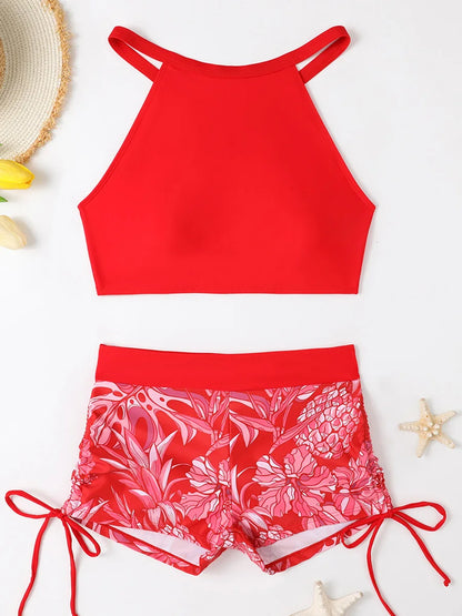 Print High Waist Swimsuit Women High Neck Bikini Drawstring Swimwear Female Bathers Bathing Swimming Swim Suit Beachwear