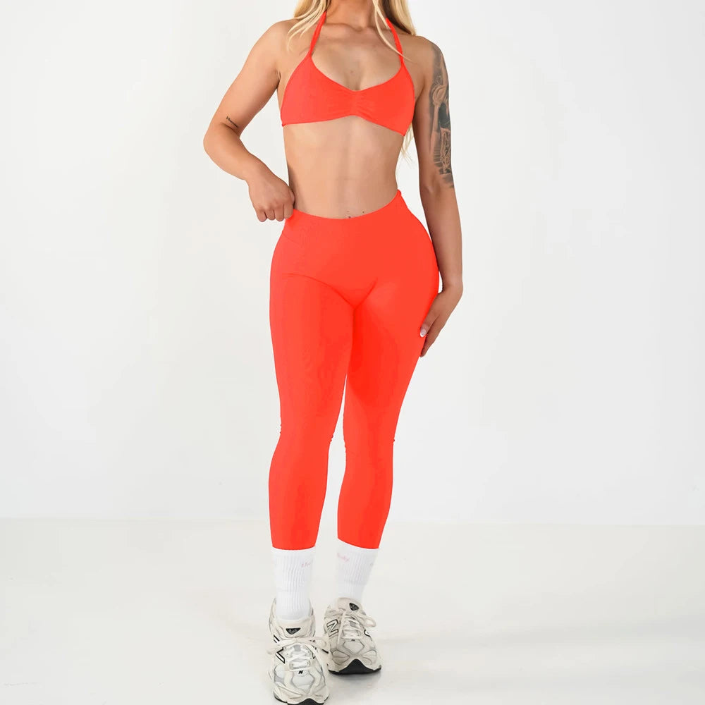 2PCS Seamless Yoga Set Women Workout Scrunch Leggings Strappy Sports Bra Fitness Gym Clothing Workout Set XP389
