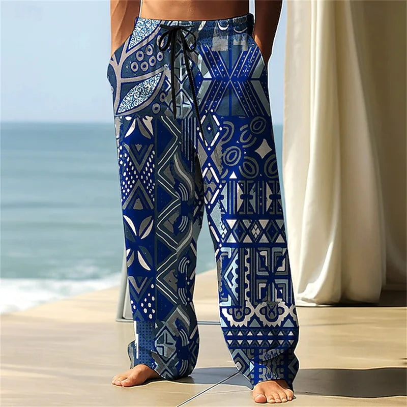 Stylish Men's Casual Pants Retro Classic Print Casual Pants Beach Wide-Leg Pants Streetwear Loose-Fit Athletic Pants