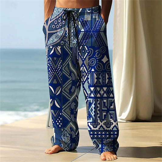 Stylish Men's Casual Pants Retro Classic Print Casual Pants Beach Wide-Leg Pants Streetwear Loose-Fit Athletic Pants